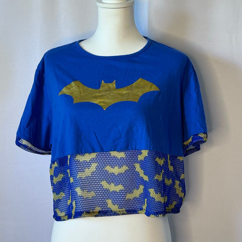 DC Batgirl Crop Top Adult L/XL Blue Gold Mesh Halloween Costume Shirt cosplay